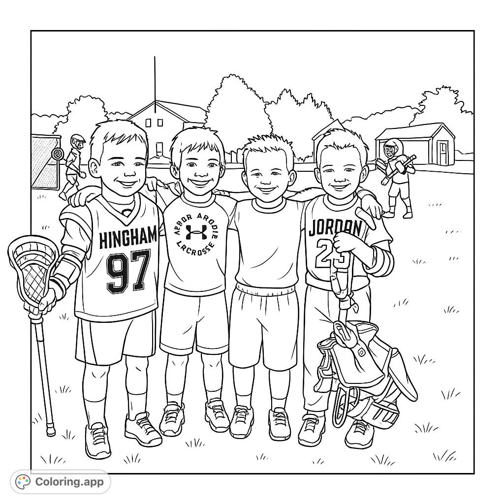 Four smiling boys in lacrosse gear, ready for action on the field. A fun, free printable lacrosse coloring page for kids and sports fans.