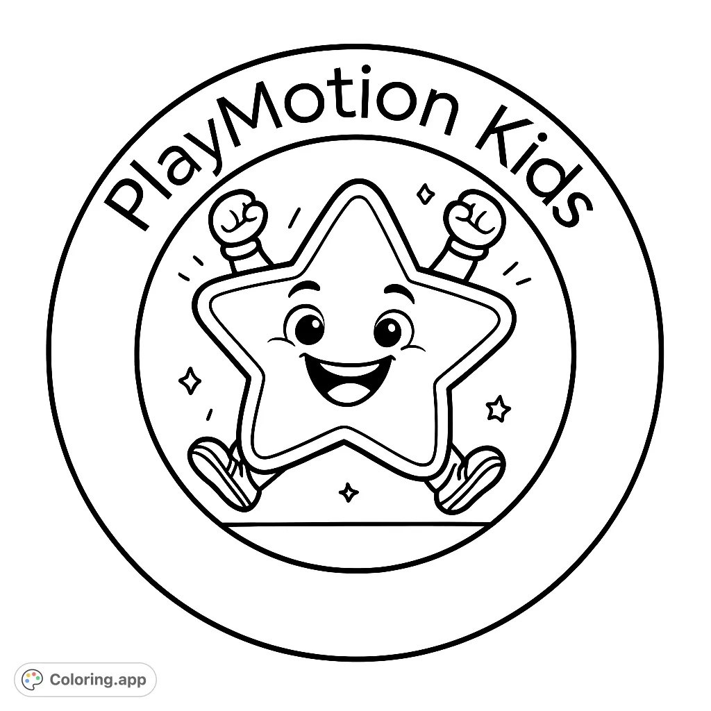 A cheerful star character joyfully jumping within a circular frame, surrounded by sparkles. A fun, free printable star coloring page for kids!