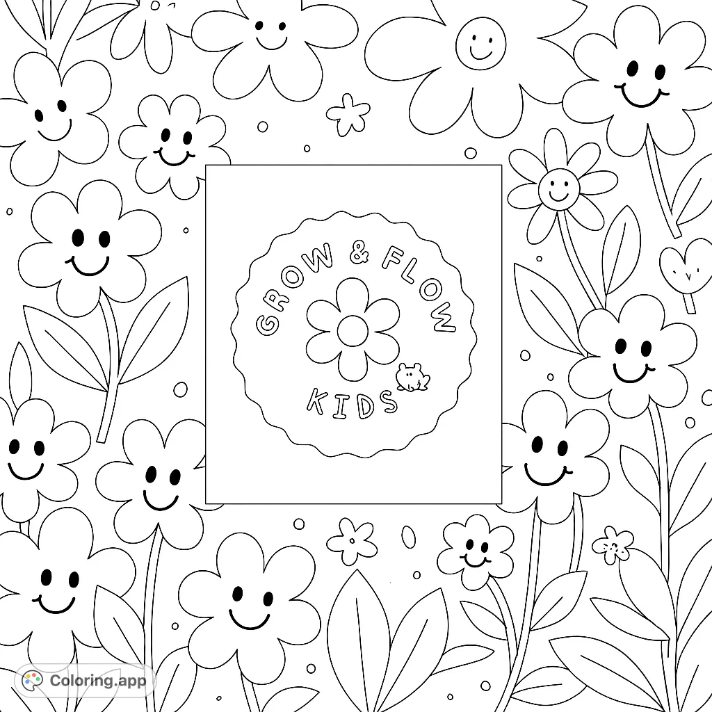 A delightful pattern of smiling flowers and leaves surrounds a central emblem, perfect for a cheerful and engaging coloring experience.