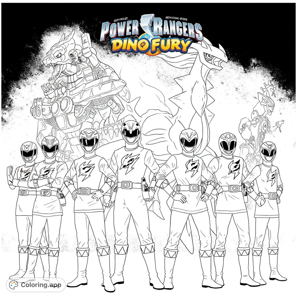 Unleash your inner hero with this Power Rangers Dino Fury coloring page featuring all seven rangers and their powerful Zords!