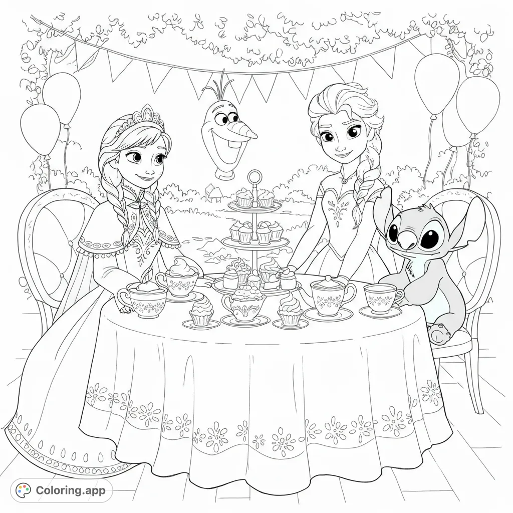 Join Anna, Elsa, Stitch, and Olaf for a delightful tea party. A magical scene with cupcakes, balloons, and royal fun.