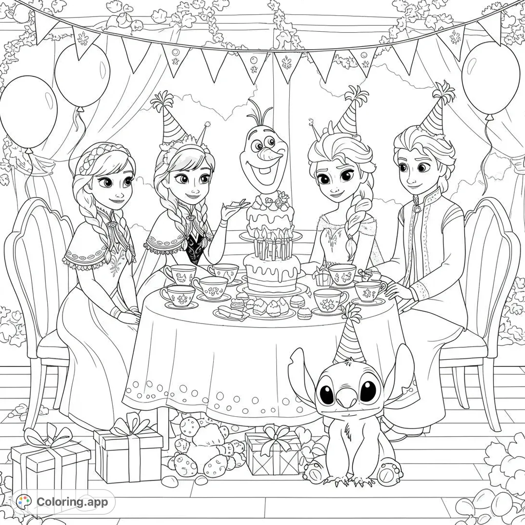 Join Anna, Elsa, Kristoff, Olaf, and Stitch for a festive birthday party! A fun, free printable coloring page for all ages.