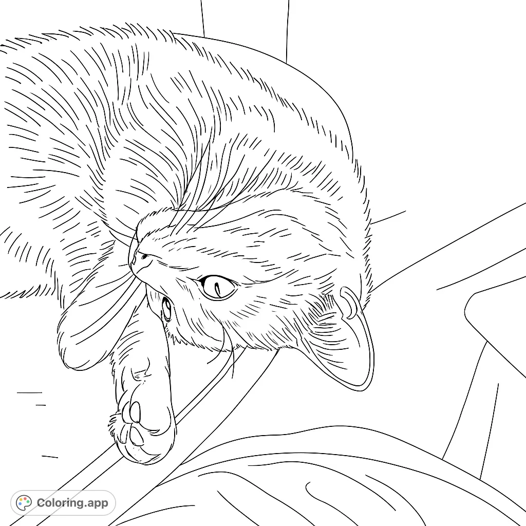 A charming cat coloring page featuring a playful feline curled up on its back, a free printable coloring page for kids and adults.