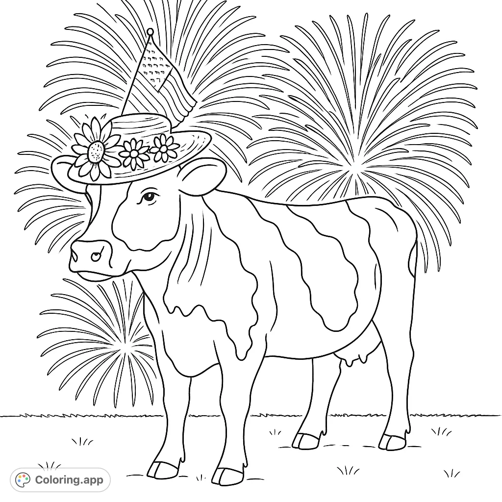 A festive cow in a patriotic hat with fireworks bursting in the background. A fun, free printable Fourth of July coloring page for kids and adults.