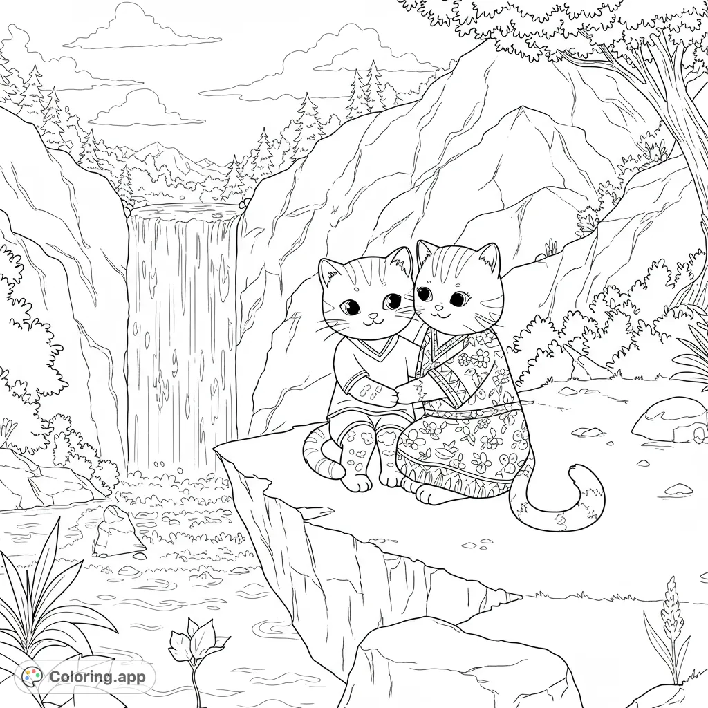 Adorable cats embrace on a cliff overlooking a majestic waterfall and scenic mountains. A charming nature-themed coloring page for all ages.