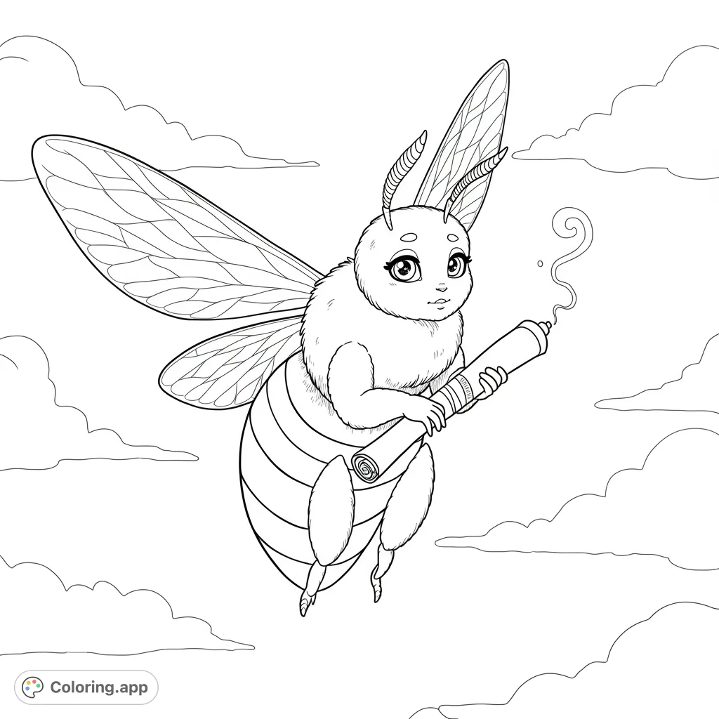 A relaxed, human-like cartoon bee hovers in the sky, holding a hand-rolled item. This unique bee coloring page offers a whimsical and unconventional scene.