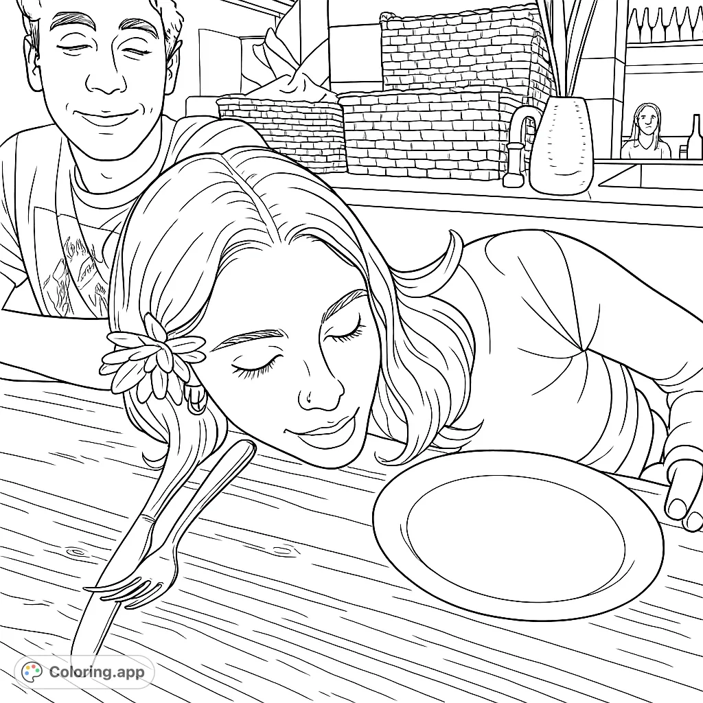 A serene cafe scene featuring a woman resting her head on a table with a man smiling in the background. A peaceful, free printable coloring page.