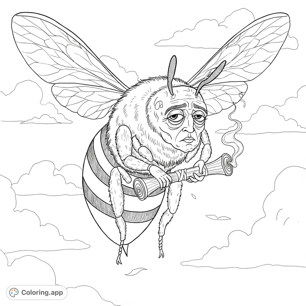 A unique cartoon bee with a droopy, masculine face hovers in the sky, holding a rolled object. Perfect for adult colorists seeking a whimsical challenge.