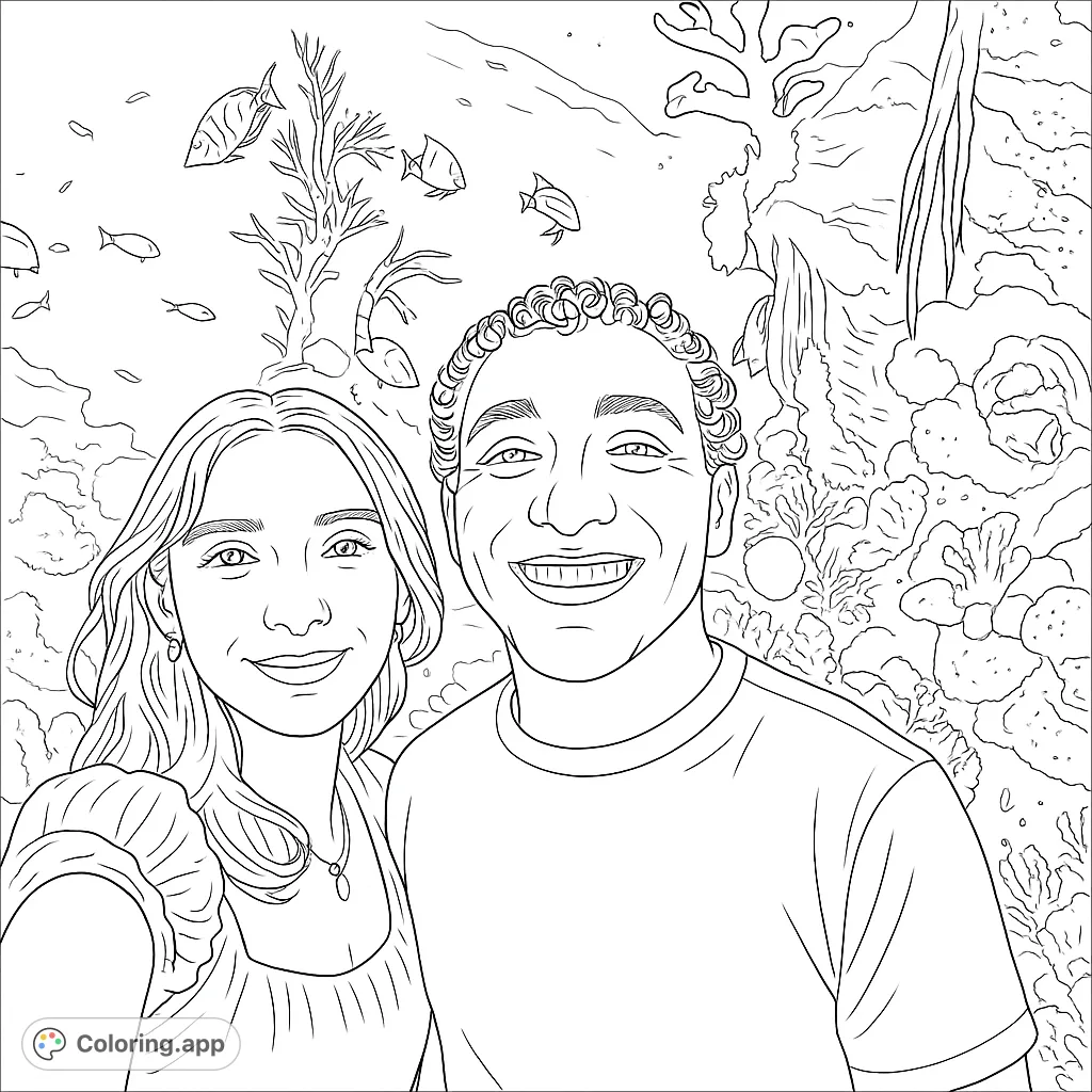 Dive into an underwater adventure with a smiling couple surrounded by vibrant coral and playful fish. A free printable coloring page for all ages!