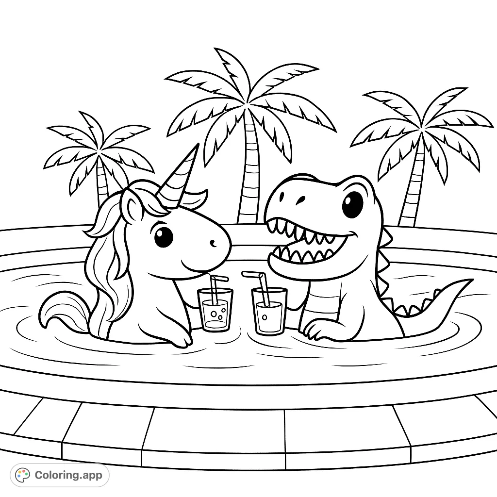 Adorable unicorn and dinosaur enjoying drinks in a swimming pool with palm trees. A fun, free printable summer coloring page for kids!