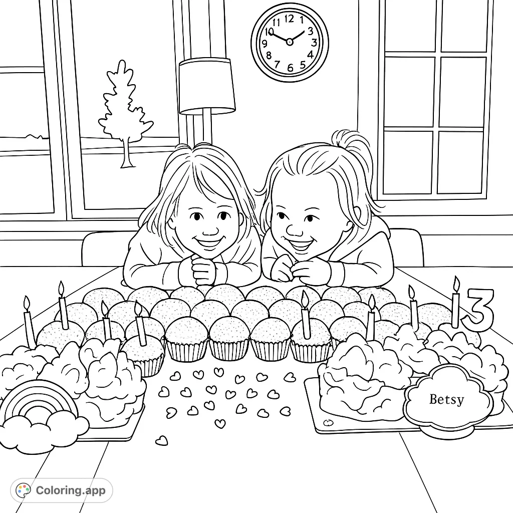 Two smiling girls celebrate with a table full of cupcakes, candles, and festive decorations. A joyful birthday celebration scene, perfect for coloring!