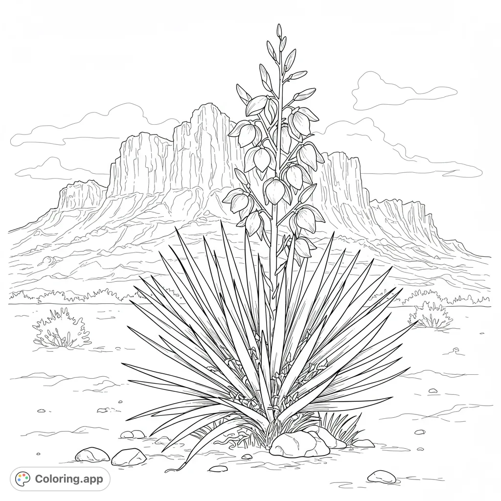 Explore a stunning desert landscape featuring a majestic yucca plant in full bloom against rugged mountains. A free printable nature coloring page for all ages.