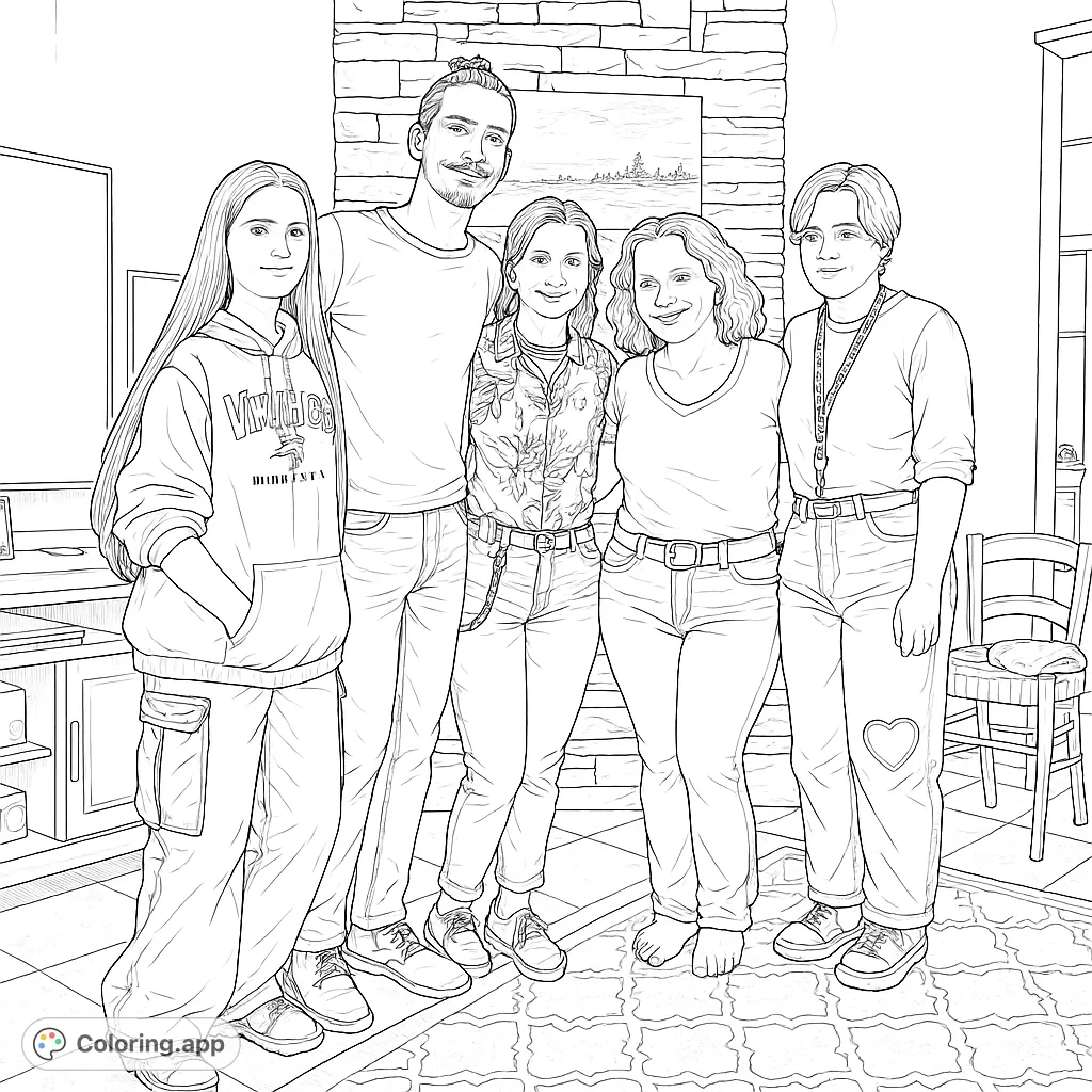 A heartwarming coloring page featuring five smiling individuals gathered in a cozy living room, perfect for personalizing with your favorite hues.