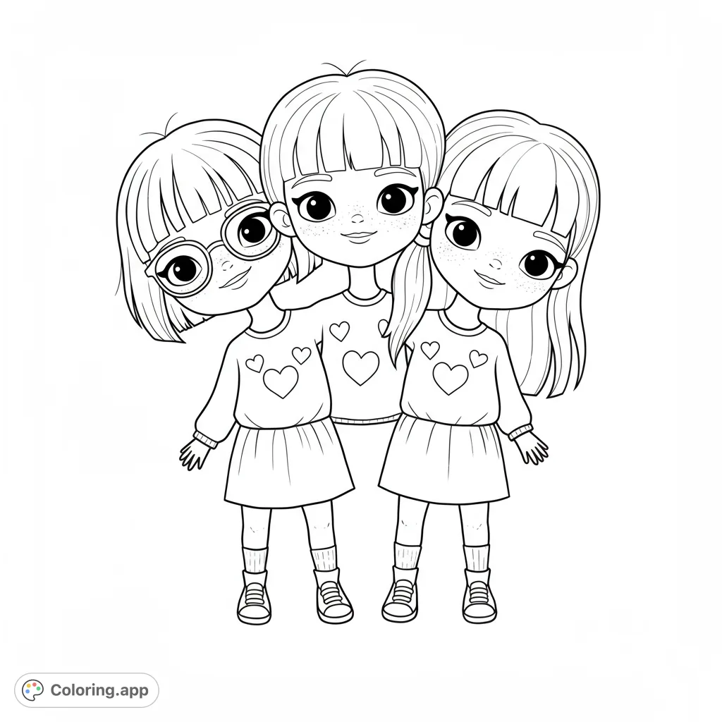 Three happy girls in heart-decorated outfits, celebrating friendship. A charming free printable coloring page for kids, perfect for expressing creativity and connection.