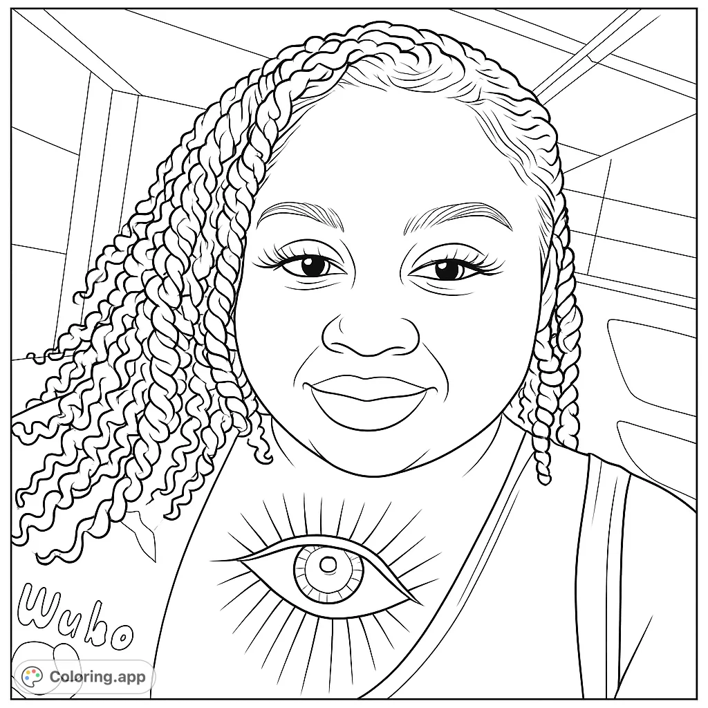 A captivating portrait coloring page featuring a smiling person with intricate braided hair and a unique eye symbol, perfect for creative expression.