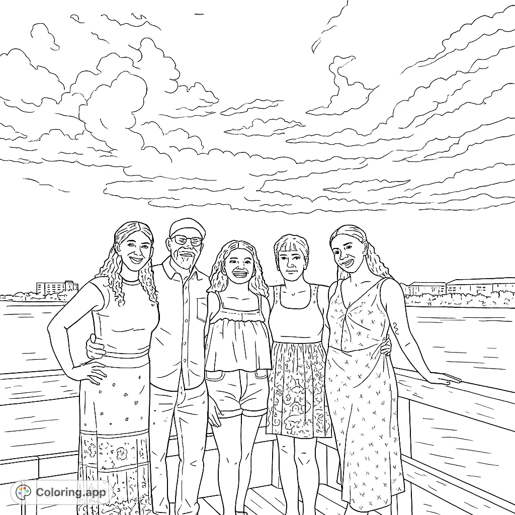 A heartwarming family portrait on a pier, featuring five smiling individuals against a scenic waterfront and cloudy sky. Perfect free printable coloring page for all ages.