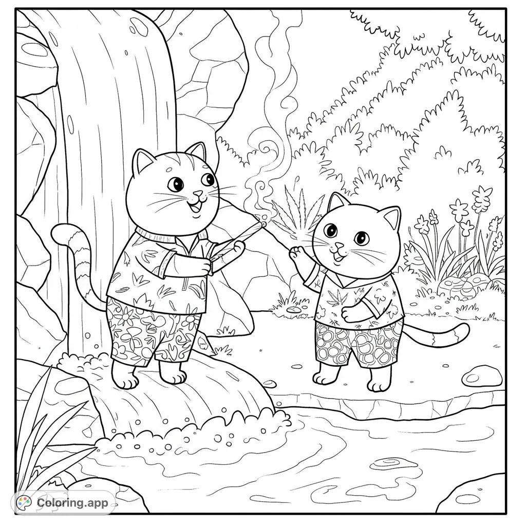 Two cheerful cats in tropical attire enjoy a lush outdoor scene with a waterfall and stream. A fun, free printable cat coloring page for all ages.