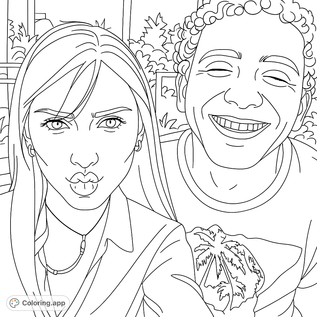 Capture a fun selfie moment with this free printable friends selfie coloring page, featuring expressive faces and a casual outdoor setting.