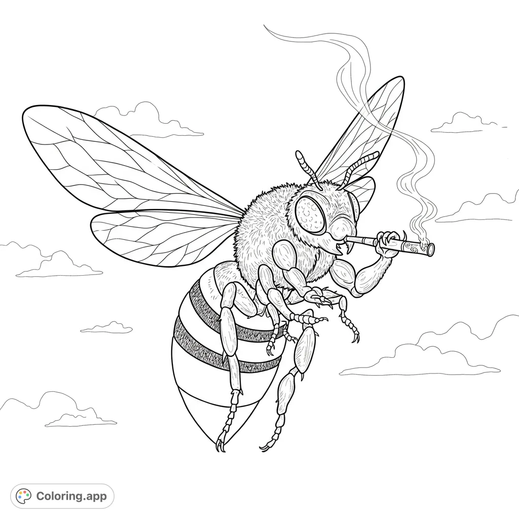 A muscular bee with heavy-lidded eyes holds a smoking joint, hovering against an open sky. A unique and detailed adult coloring page.