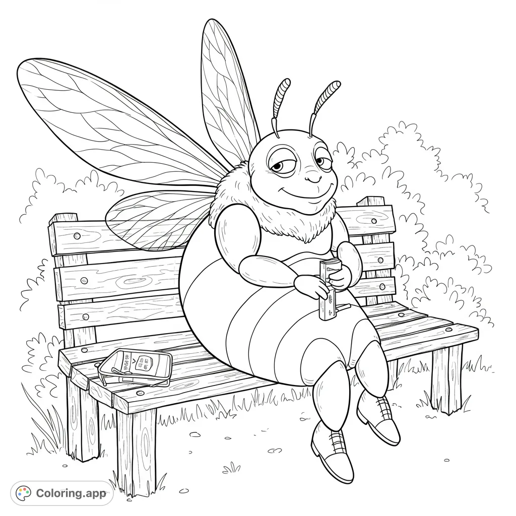 A whimsical bee with a lazy expression enjoys a moment of peace on a rustic bench, holding a small, rolled item. A unique scene for adult colorists.