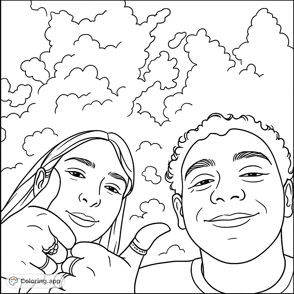 A cheerful selfie-style coloring page featuring two friends giving thumbs-up against a cloudy sky, perfect for all ages.