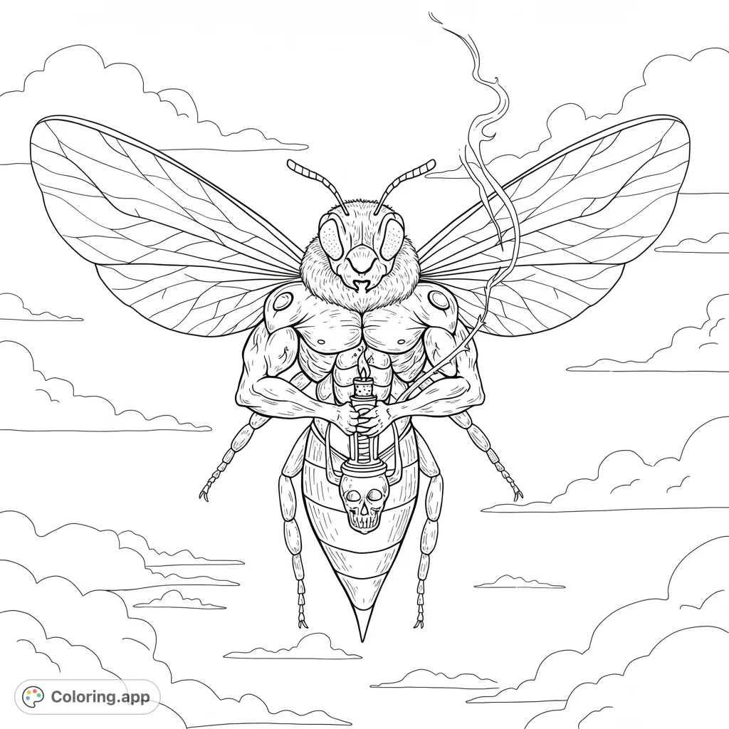 A unique stoner bee coloring page featuring a muscular bee smoking a joint in the sky. Perfect for adults seeking a chill, creative escape.
