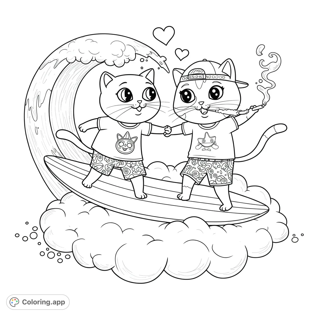 Catch a wave with these adorable cartoon cats surfing a big ocean wave, holding hands. A fun, free printable surfing cats coloring page for kids and adults.