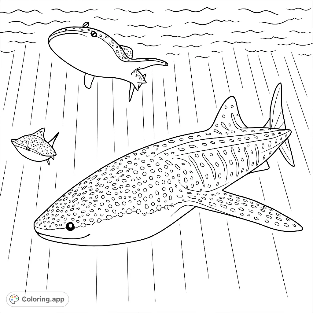 Dive into an ocean adventure with this free printable whale shark coloring page, featuring a family of gentle giants and a graceful ray.