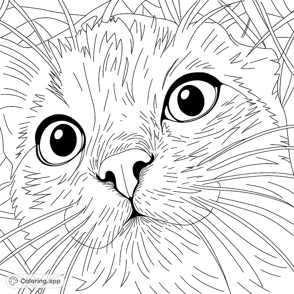 A captivating close-up cat coloring page, featuring expressive eyes, detailed fur textures, and prominent whiskers for a delightful coloring experience.