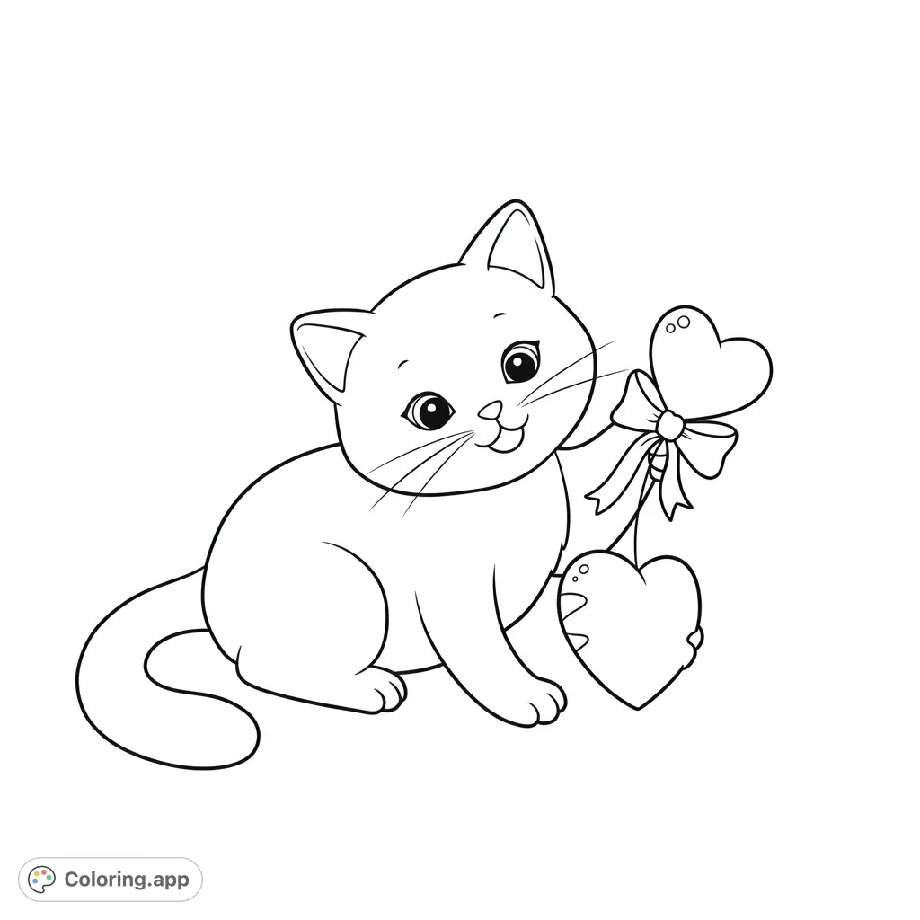 A delightful kitten holds two heart balloons, perfect for a sweet and simple coloring page. Free printable for kids and adults!