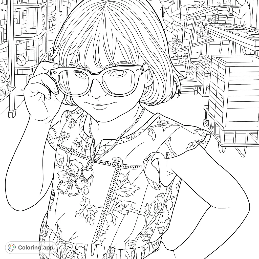 A charming child in a floral dress and oversized sunglasses, peeking playfully over the frames. A fun, stylish coloring page for kids and adults.