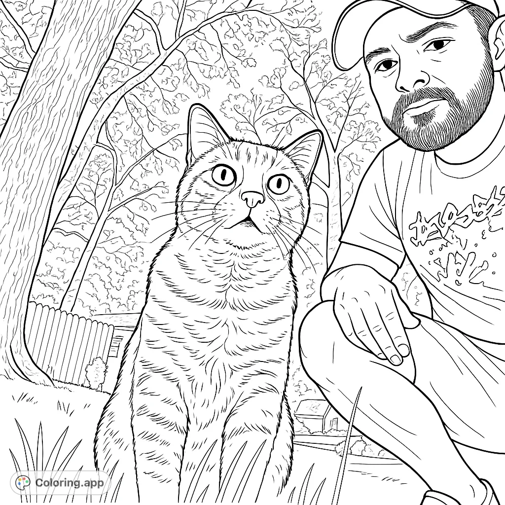A heartwarming man and cat coloring page, perfect for pet lovers. Features a curious cat and its owner in an outdoor setting. Free printable coloring page.