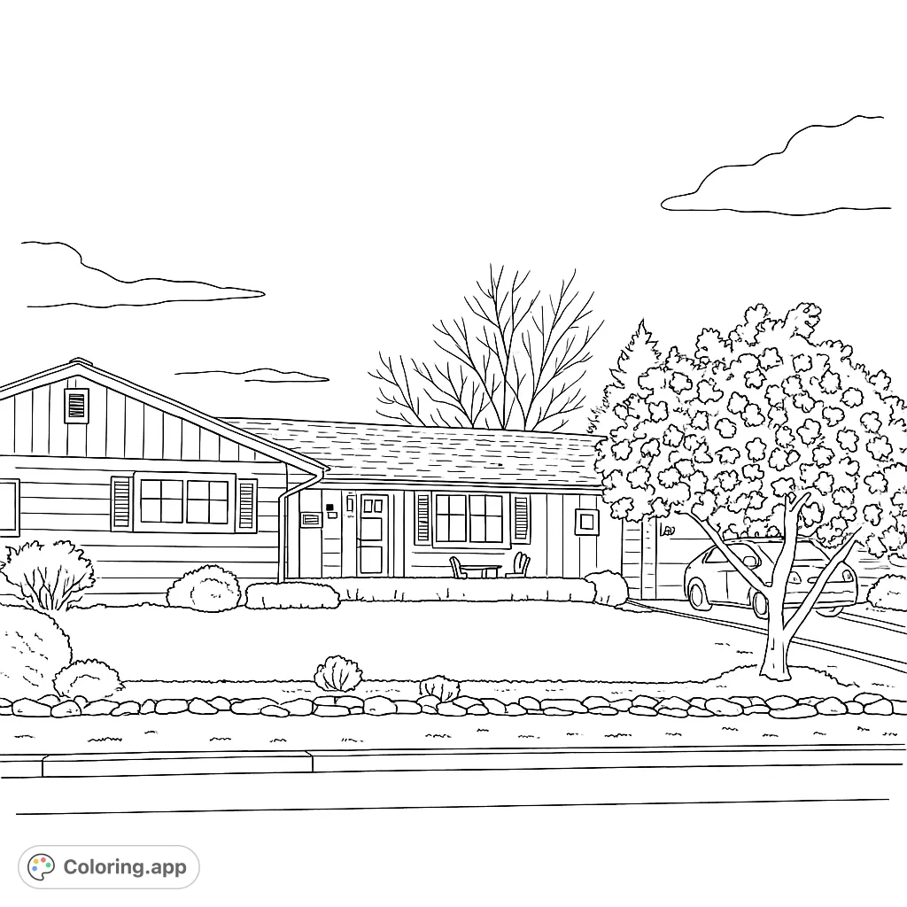 A detailed suburban home coloring page featuring a house, lush yard, trees, and a car. Perfect for all ages.