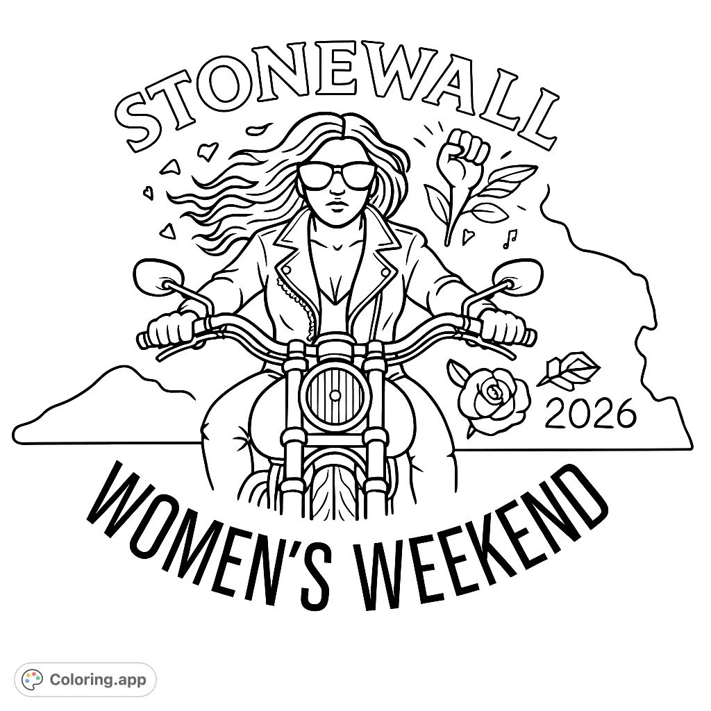 Unleash your inner rebel with this dynamic biker woman coloring page, featuring a powerful figure on a motorcycle amidst symbolic elements. Perfect for all ages!