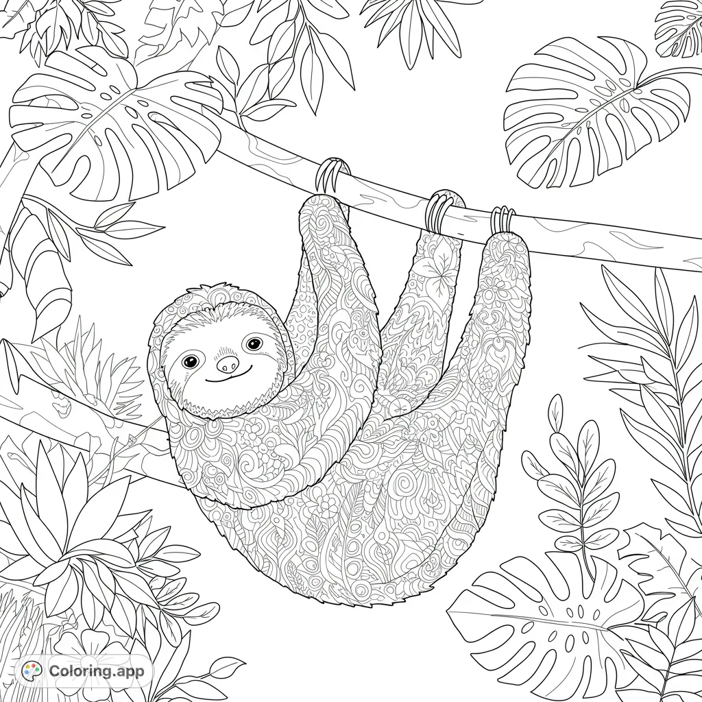 A cheerful sloth with intricate patterns hangs in a lush jungle. Perfect for a relaxing tropical coloring adventure.