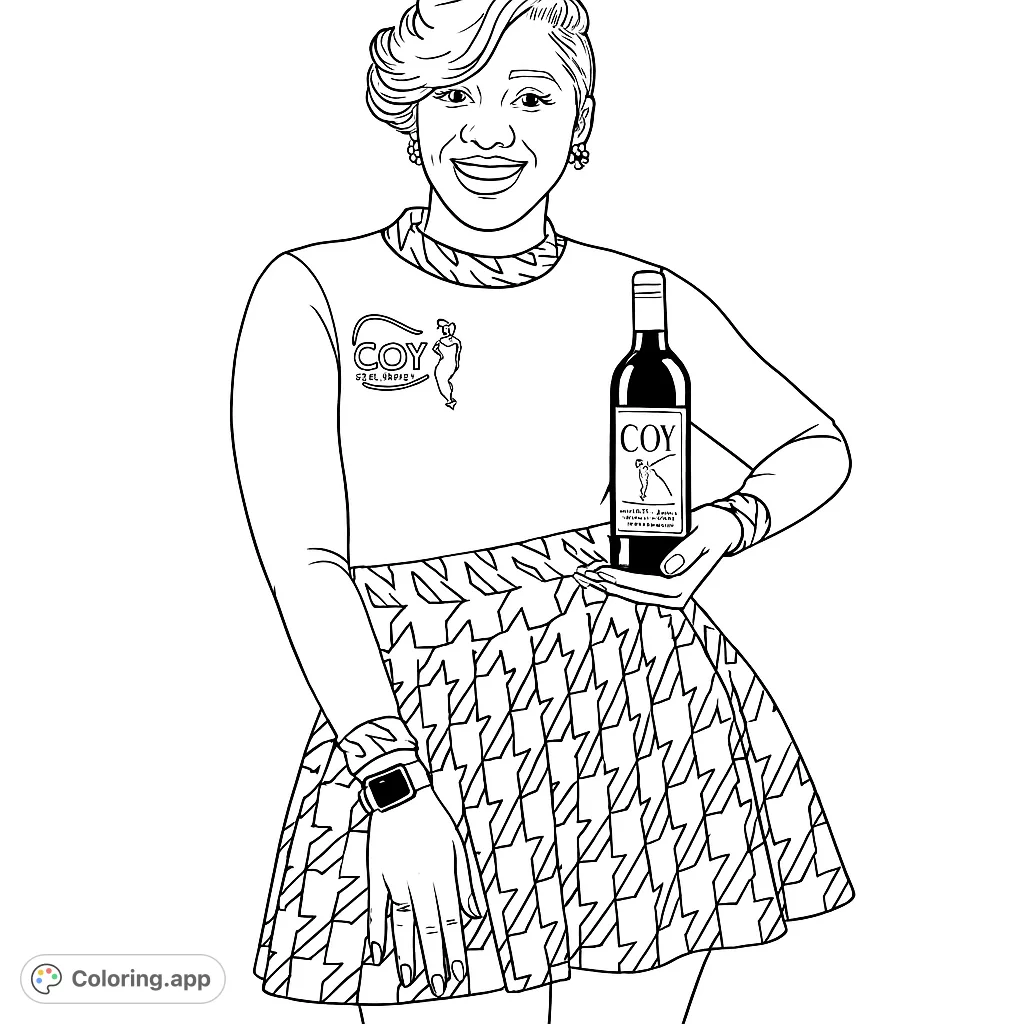 A cheerful woman holding a wine bottle, featuring a stylish patterned skirt and top. Perfect for personalizing with vibrant colors and creative flair.