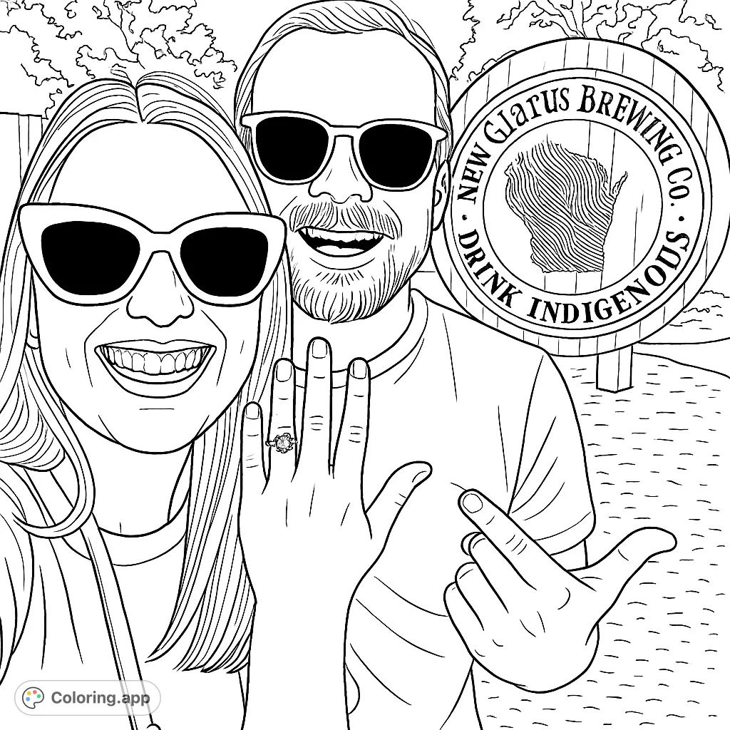 Celebrate love with this engagement coloring page featuring a happy couple, a sparkling ring, and a brewery backdrop. Perfect for personalizing!