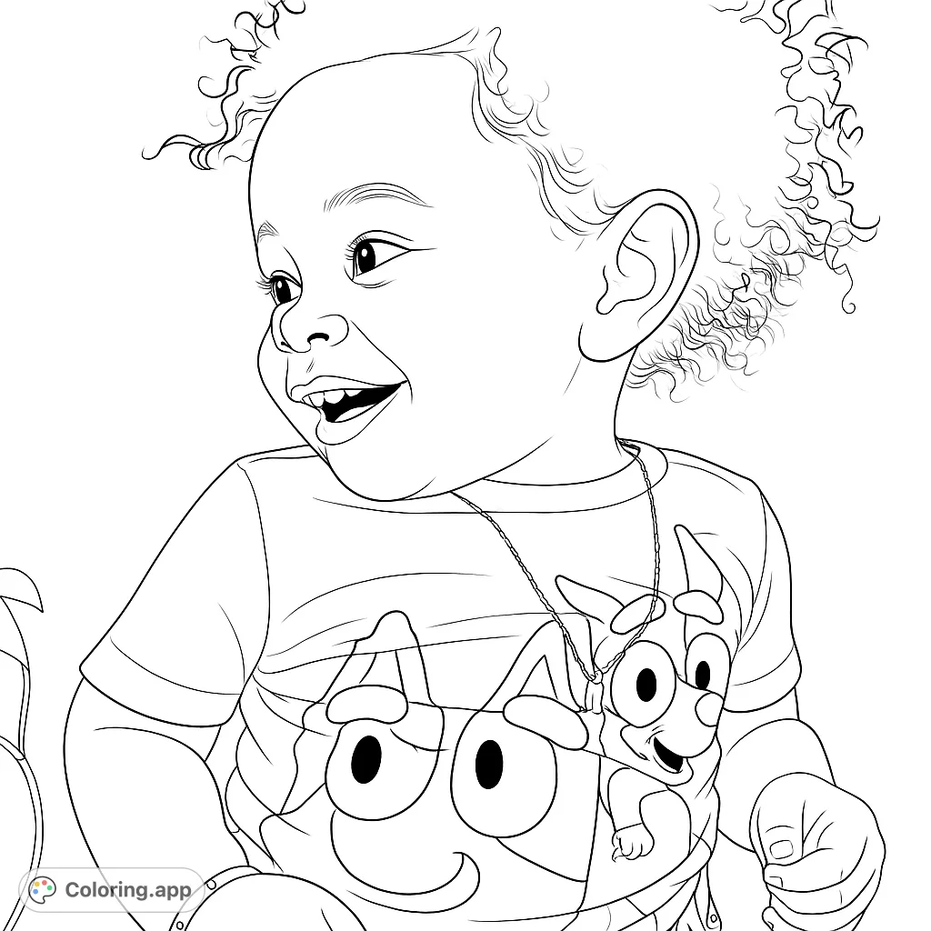 A delightful toddler with curly hair and a big smile, wearing a cartoon character shirt and necklace. A charming free printable coloring page for kids.