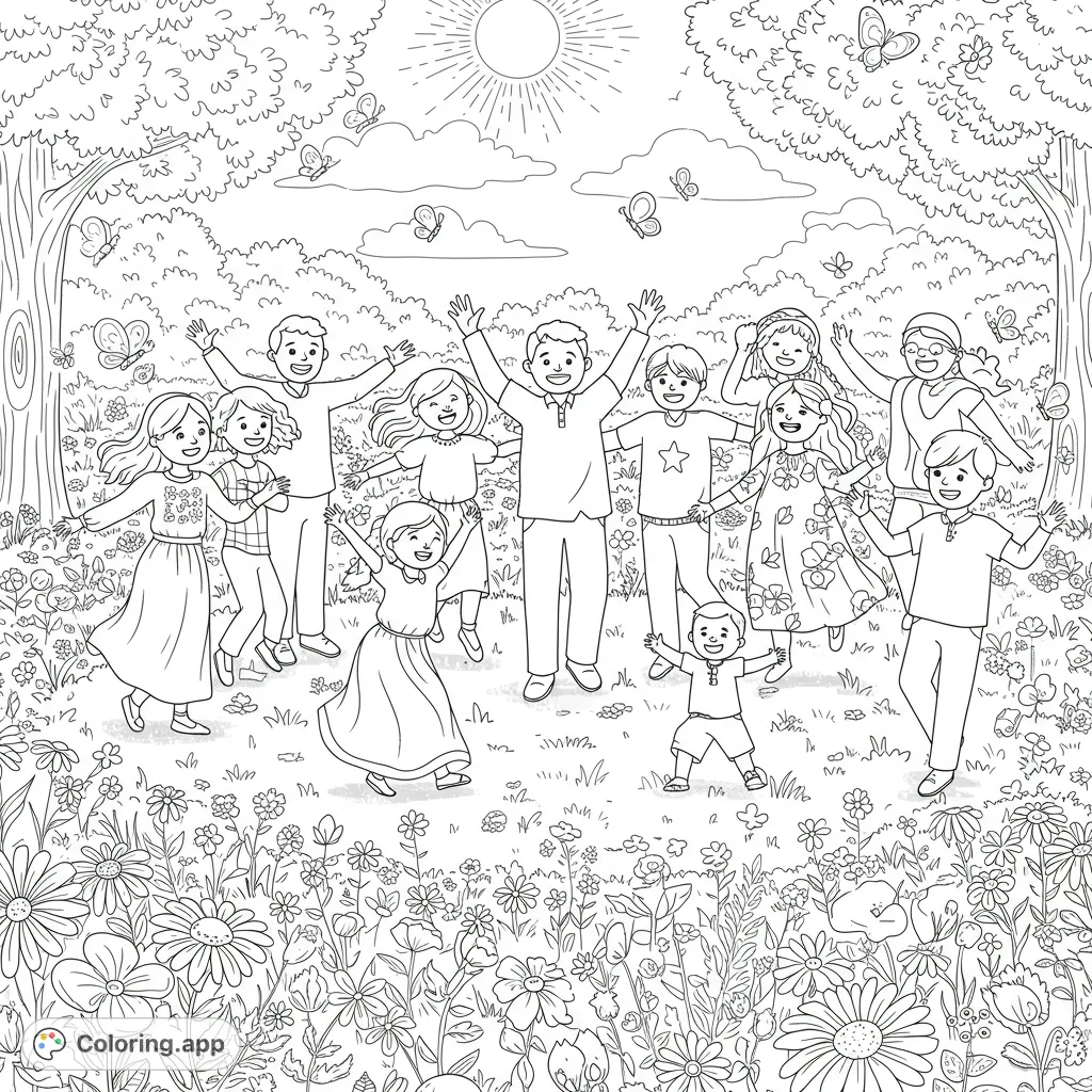 A heartwarming family gathering in a vibrant flower field, with smiling adults and children celebrating amidst butterflies and lush nature. Perfect for all ages!