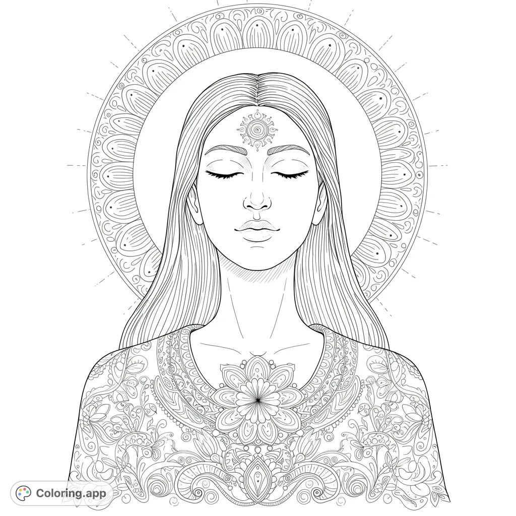 Discover peace with this intricate meditation coloring page featuring a serene woman adorned with detailed mandalas and a radiant halo. Perfect for mindfulness.