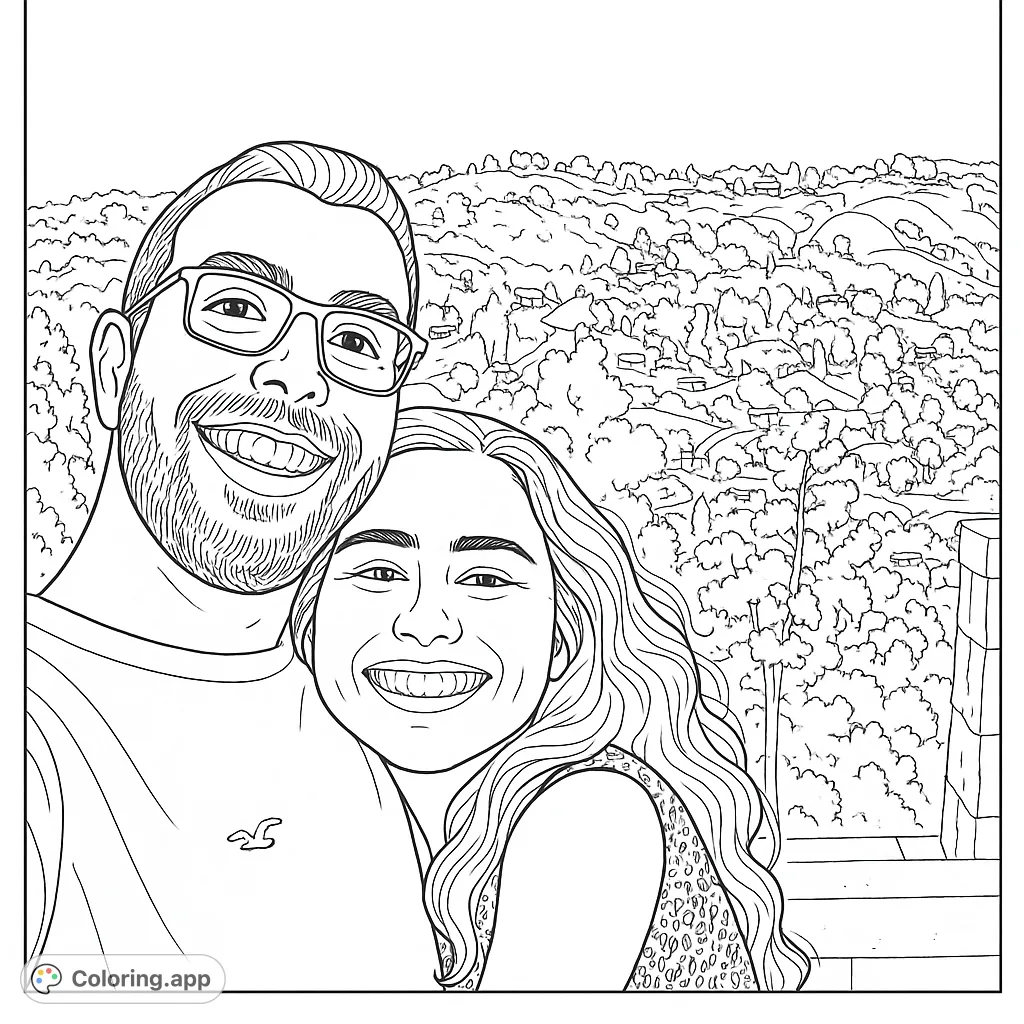 A joyful couple smiles in a detailed selfie, set against a scenic backdrop of rolling hills and distant houses. Perfect for personalized coloring.