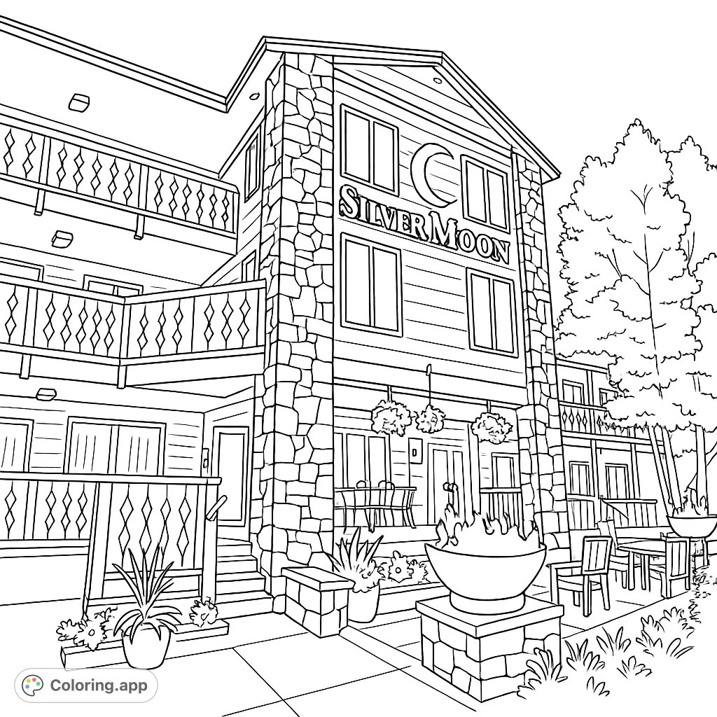 A charming hotel building with stone facade, balconies, and a cozy patio with a fire pit and lush greenery. Perfect for a relaxing coloring escape.