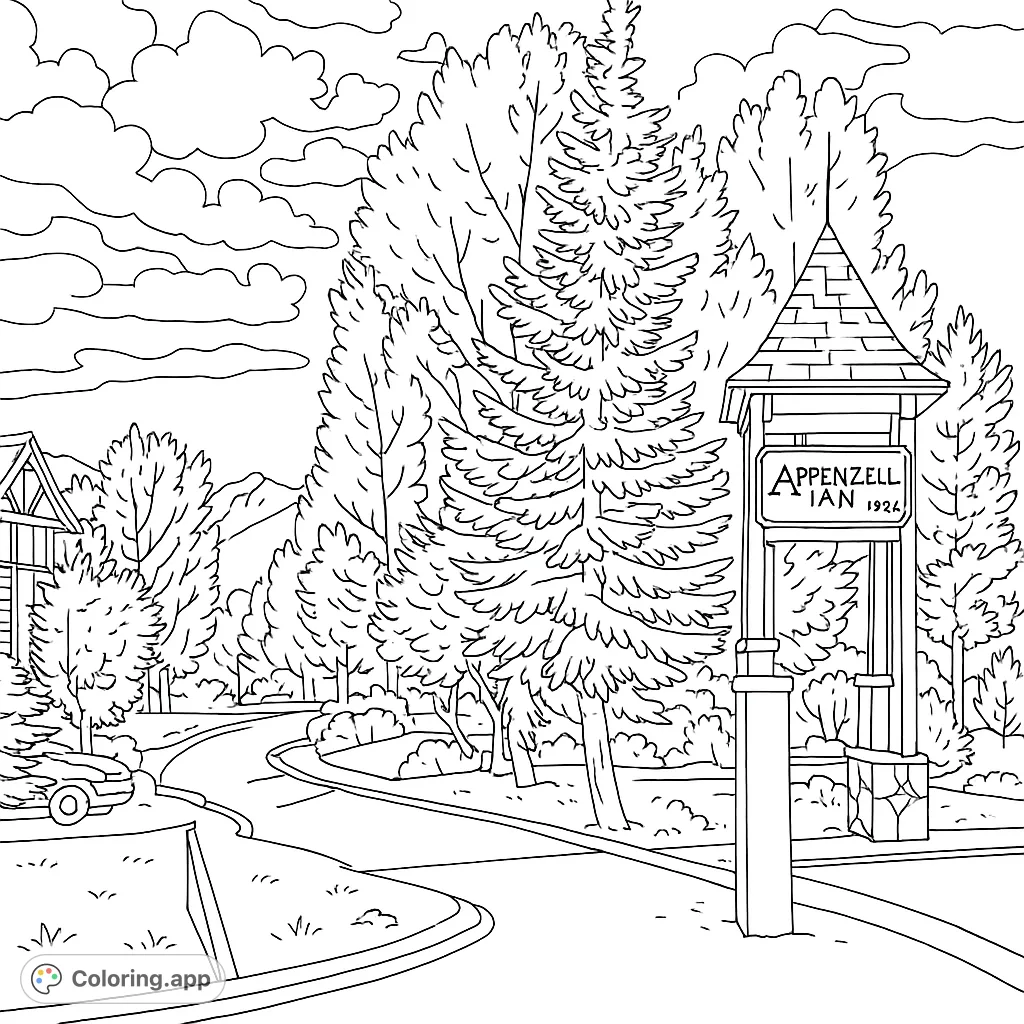 Explore a scenic mountain road winding through a dense forest with a charming signpost and distant peaks. A free printable nature coloring page.