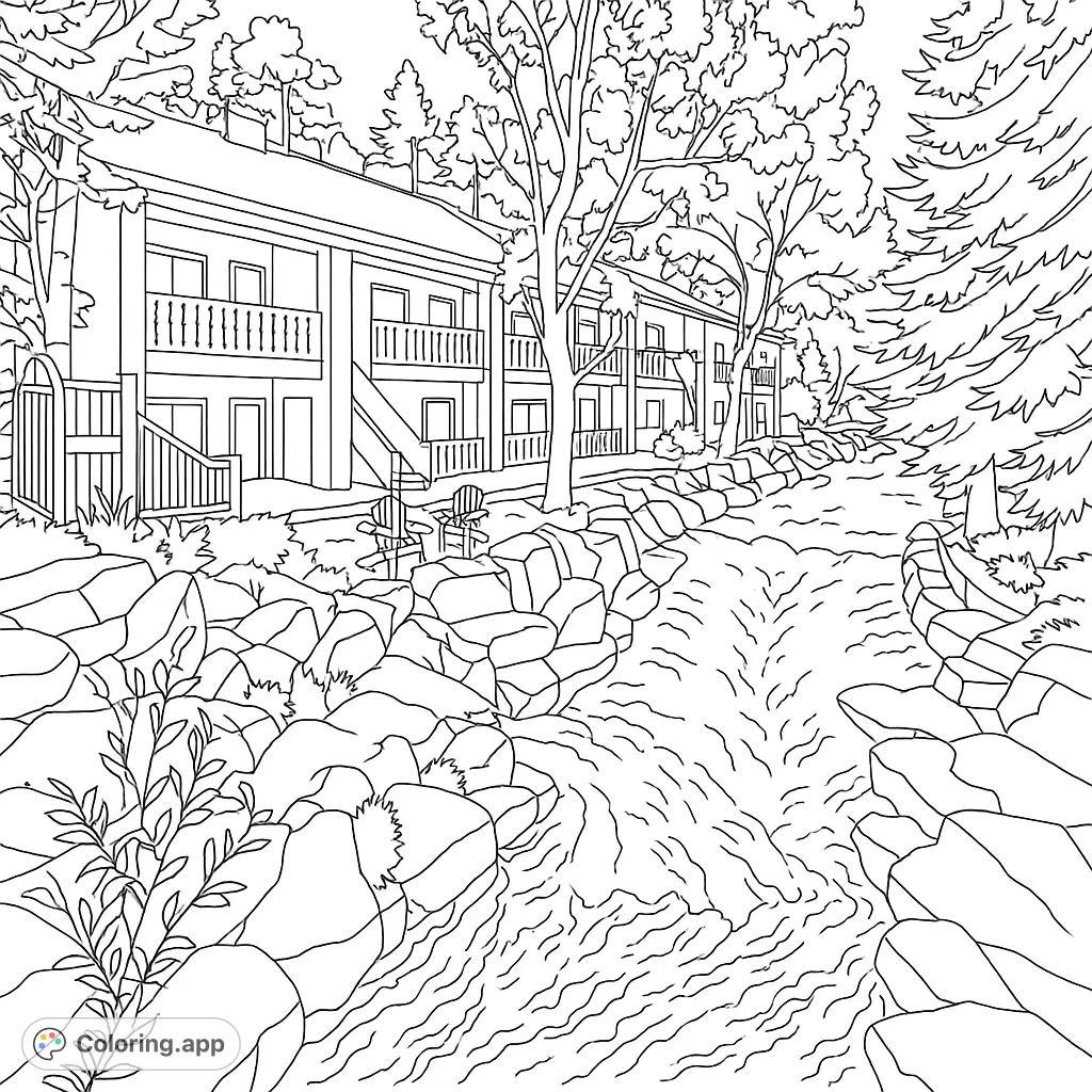 A serene lodge by a flowing stream, surrounded by lush trees and rocky banks. A peaceful nature escape, perfect for a relaxing coloring session.
