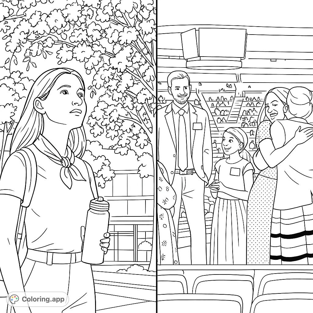 Explore two distinct scenes: a young woman outdoors with a tree, and a group of people interacting indoors. A versatile free printable coloring page.