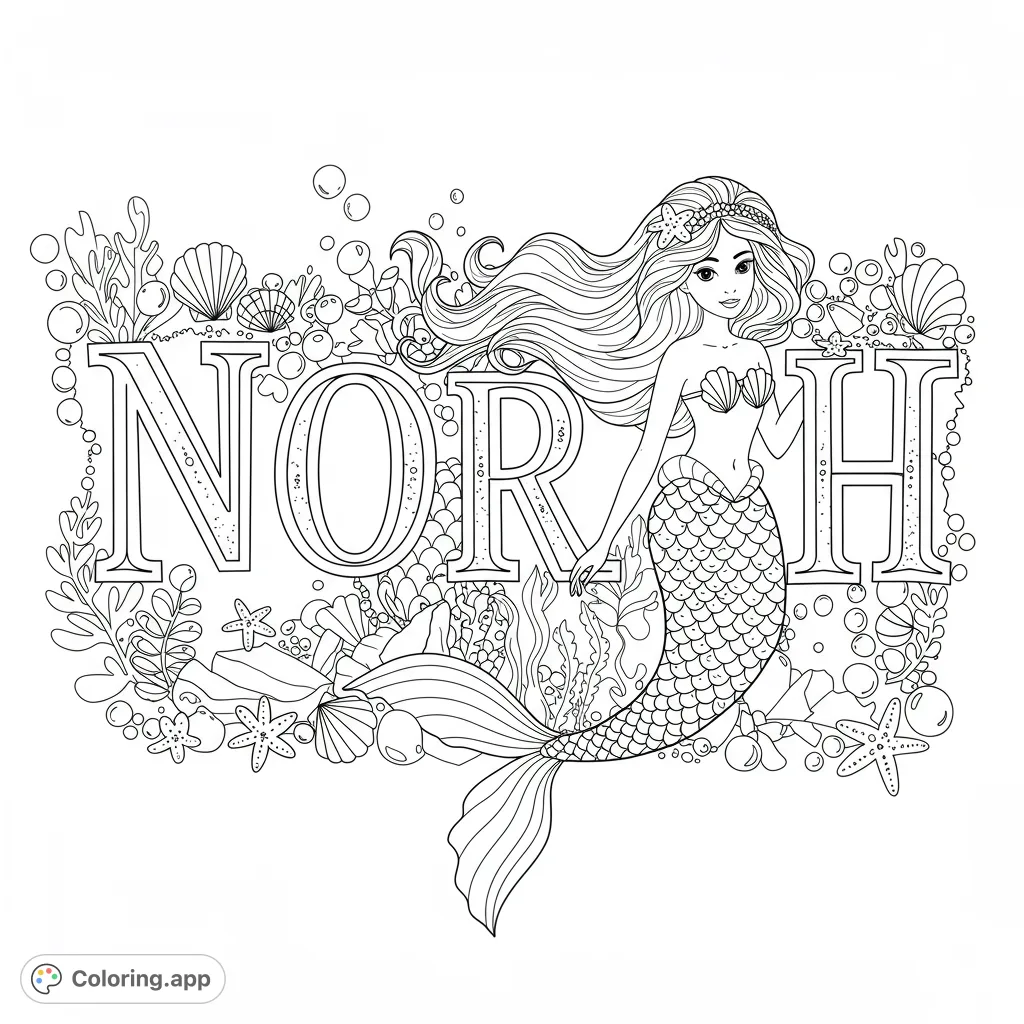 Dive into an enchanting mermaid coloring page featuring a beautiful mermaid surrounded by ocean treasures and the word 'NORTH'. Free printable fun!