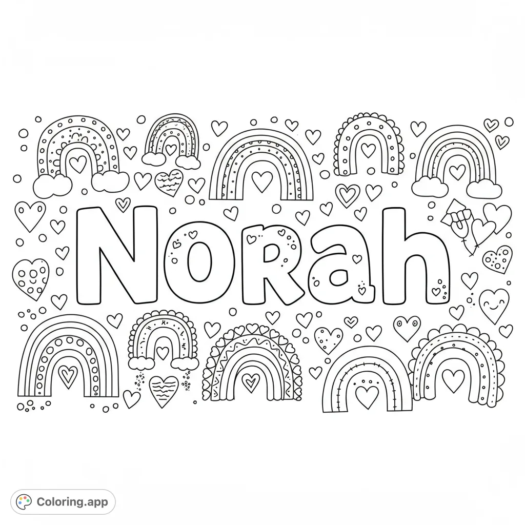 A delightful Norah coloring page featuring the name surrounded by whimsical rainbows, hearts, and playful patterns. A free printable coloring page for kids and adults.