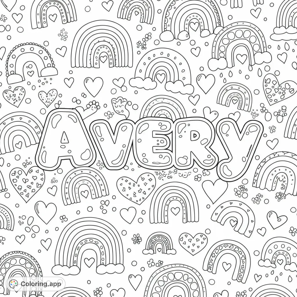 A charming free printable coloring page filled with playful rainbows, hearts, and delightful patterns, perfect for kids and adults.