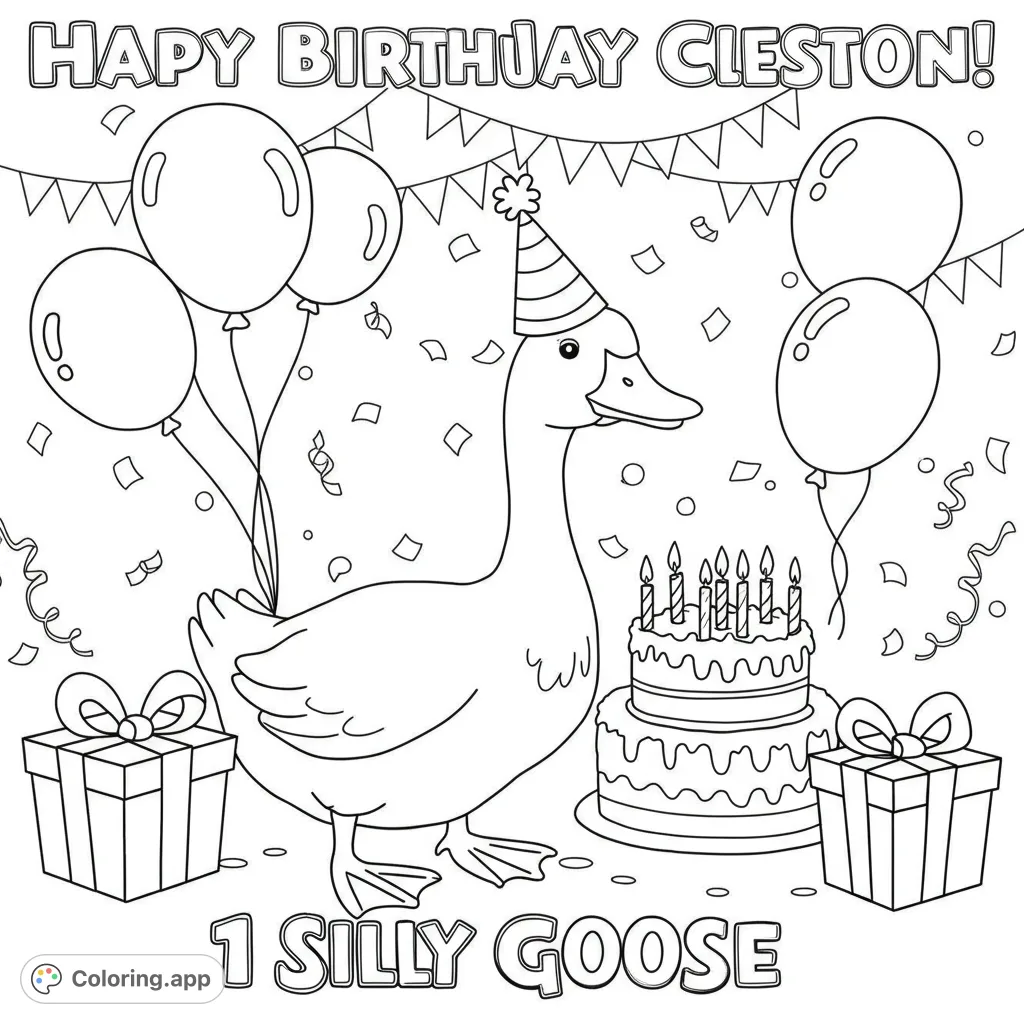 Celebrate with a festive goose in a party hat, surrounded by balloons, cake, and presents. A fun birthday coloring page for all ages!