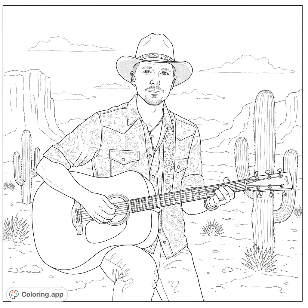 A captivating country musician plays his acoustic guitar in a desert landscape, surrounded by saguaro cacti and mesas. Perfect for music and western fans!